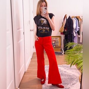 Vintage 70s red denim low rise wide leg flare disco retro bell bottom jeans 30